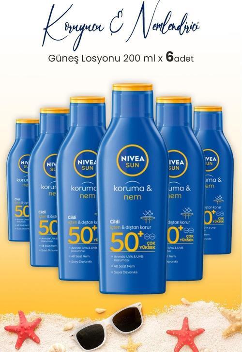 Sun SPF50+ Güneş Koruyucu & 48 Nemlendirici Güneş Losyonu 200 ml x 6 Adet
