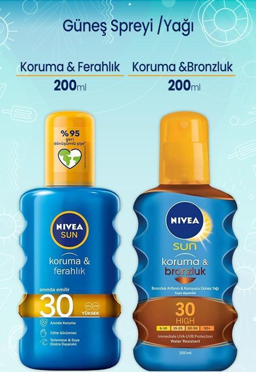 Sun Güneş Spreyi 200 ml Koruma & Ferahlık 30 ve Koruma Ve Bronzluk Güneş Yağı 30 200 Ml