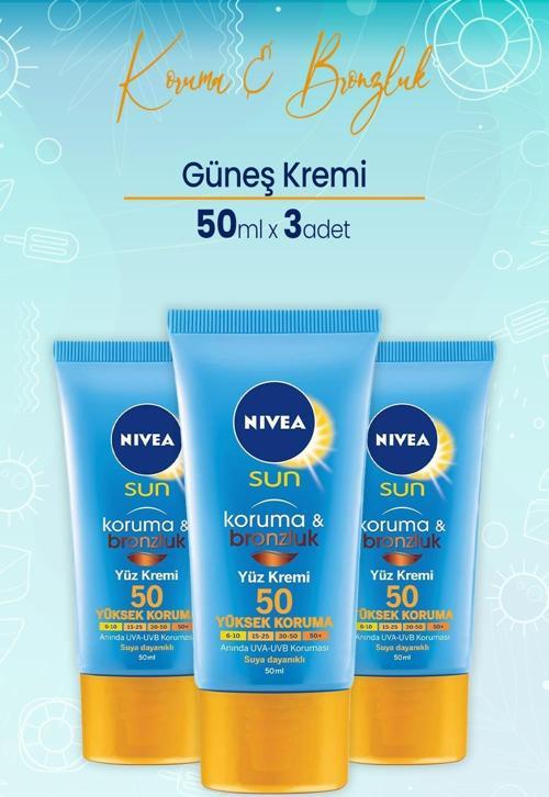 Sun Koruma ve Bronzluk Spf 50 Faktör Yüz için Güneş Kremi 50 ml x 3 Adet