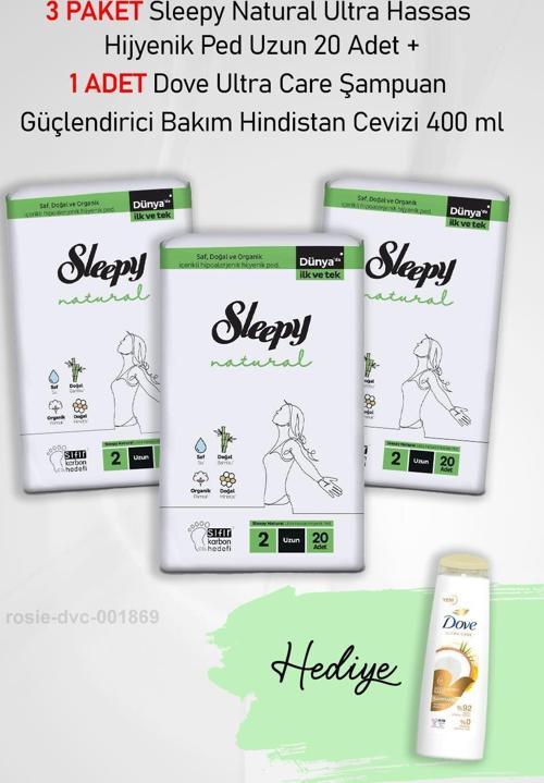 Natural Ultra Hassas Hijyenik Ped Uzun 20 Adet X3 ve Dove Ultra Care Şampuan Güçlendirici Bakım Hindistan Cevizi