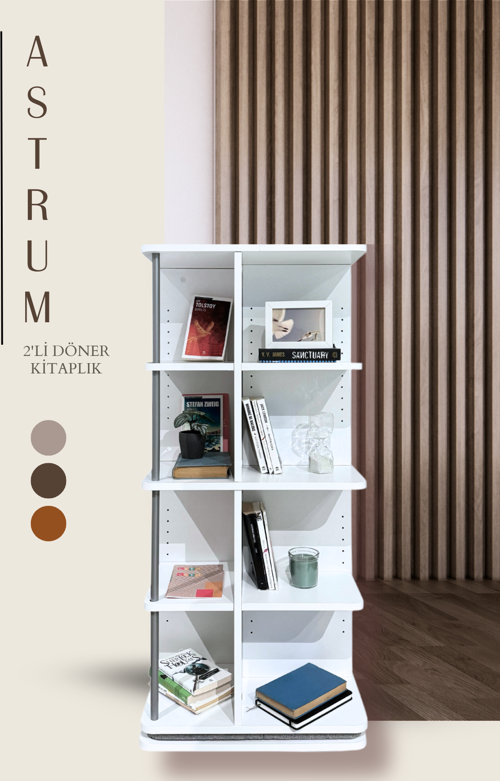 Modüler Raflı Astrum 2'li Ev ve Ofis Kitaplığı, Modern Ahşap Döner Kitaplık, Beyaz