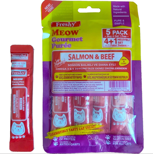 Meow Gurme Somonlu ve Dana Etli Sıvı Kedi Ödülü 5'li Paket 60 Gr