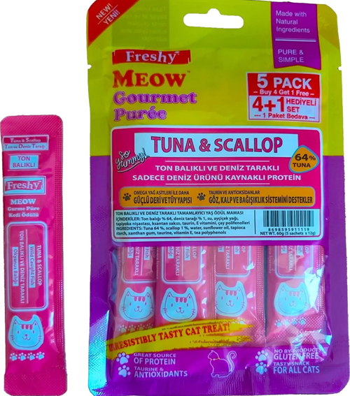 Meow Gurme Ton Balıklı ve Deniz Taraklı Sıvı Kedi Ödülü 5'li Paket 60 Gr