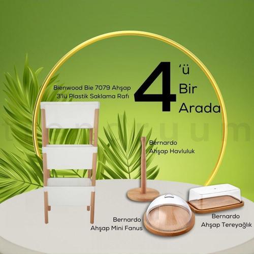 Bie 7079 Ahşap 3' Lü Plastik Saklama Rafı- Ahşap Havluluk + Tereyağlık + Mini Fanus