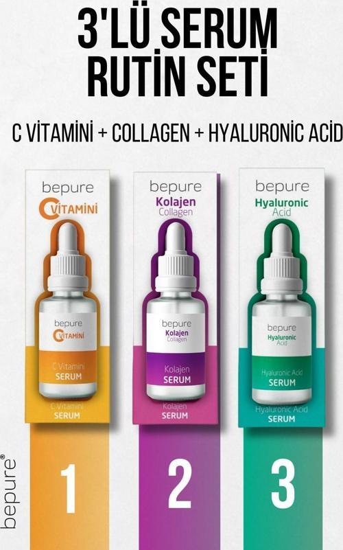 3'Lü Cilt Bakım Serum Seti, C Vitamini Serum, Collagen Serum, Hyaluronic Acid Serum