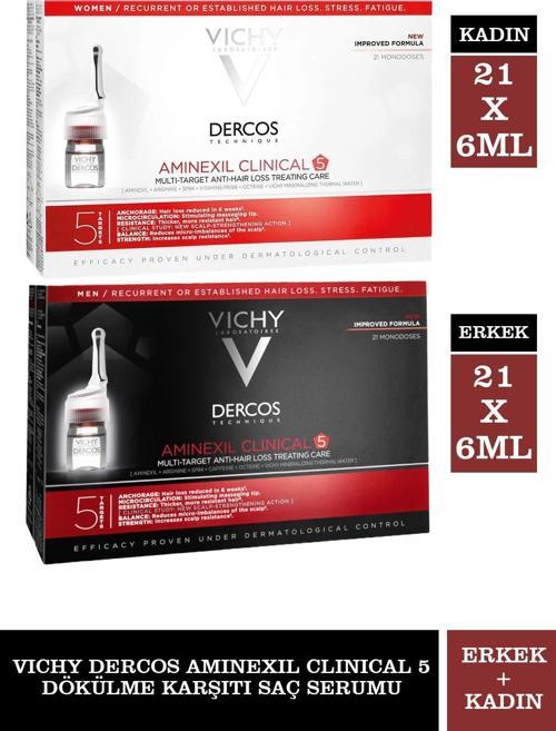 Dercos Aminexil Clinical 5 Erkek Dökülme Karşıtı Saç Serumu 21 x 6 ml + Vichy Dercos Aminexil Clinical 5 Kadın Dök