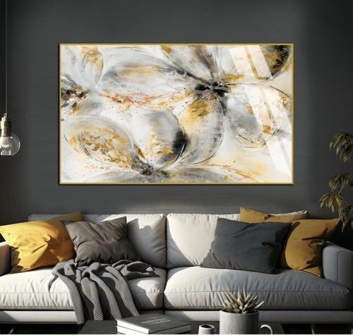 Beyaz - Siyah - Gold Soyut Çiçek Şekil 1 Çerçeveli Temperli Cam Tablo Tekli Yatay