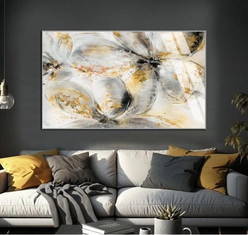 Beyaz - Siyah - Gold Soyut Çiçek Şekil 1 Çerçeveli Temperli Cam Tablo Tekli Yatay
