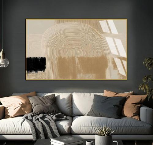 Bej - Siyah Soyut Desenli Model Iı Çerçeveli Temperli Cam Tablo Tekli Yatay