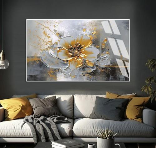 Gold - Gri Çiçek Desenli Soyut Modeli 02 Çerçeveli Temperli Cam Tablo Tekli Yatay