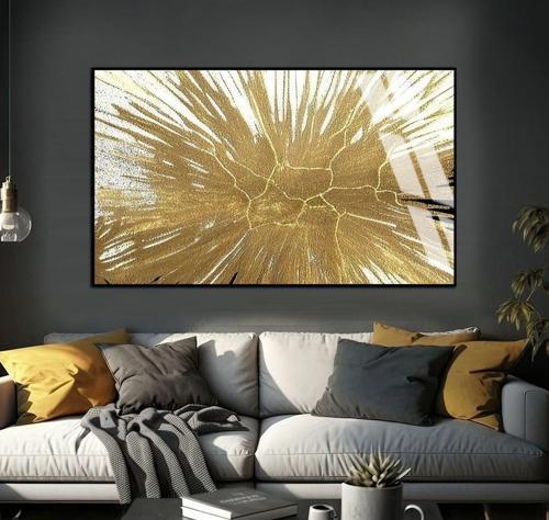 Gold Soyut Desenli Şekil Çerçeveli Temperli Cam Tablo Tekli Yatay