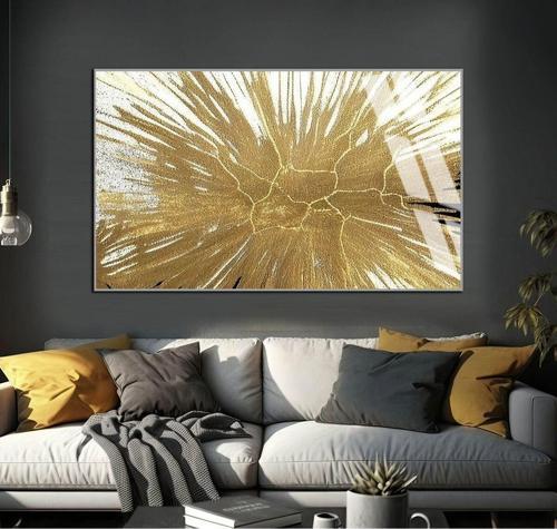 Gold Soyut Desenli Şekil Çerçeveli Temperli Cam Tablo Tekli Yatay
