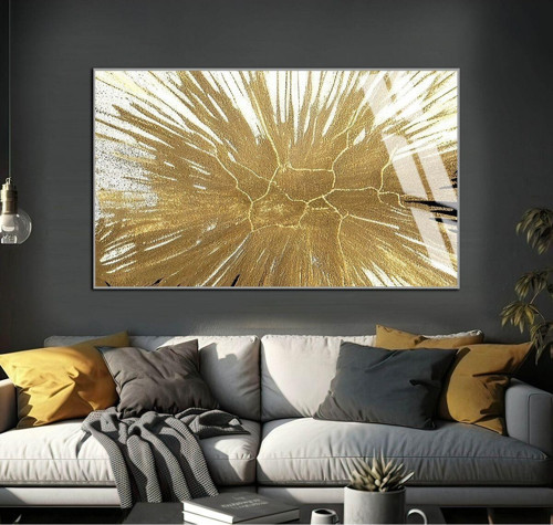 Gold Soyut Desenli Şekil Çerçeveli Temperli Cam Tablo Tekli Yatay