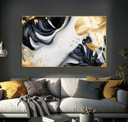 Gold - Siyah Yaprak Soyut Modeli Çerçeveli Temperli Cam Tablo Tekli Yatay