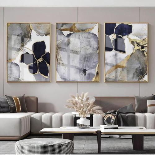 Gri - Gold Çiçek Desenli Soyut Kombini Çerçeveli Cam Tablo 3'Lü Dikey