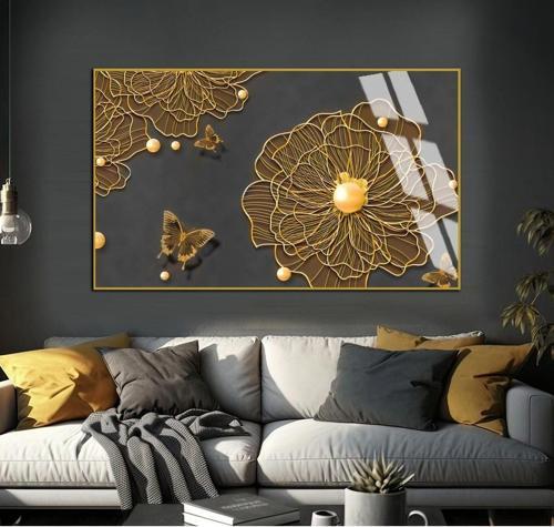Gri - Gold Çiçek Kelebek Desenli Şekil 1 Çerçeveli Temperli Cam Tablo Tekli Yatay