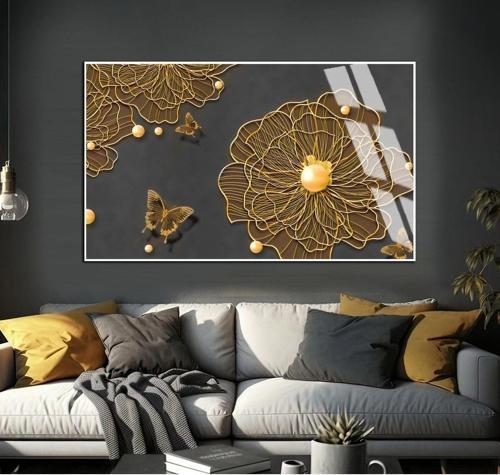 Gri - Gold Çiçek Kelebek Desenli Şekil 1 Çerçeveli Temperli Cam Tablo Tekli Yatay