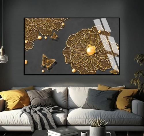 Gri - Gold Çiçek Kelebek Desenli Şekil 1 Çerçeveli Temperli Cam Tablo Tekli Yatay