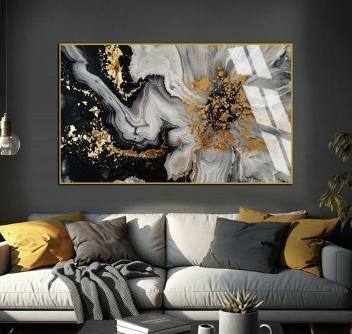 Gri - Gold Çiçek Soyut Desenli Modeli Çerçeveli Temperli Cam Tablo Tekli Yatay