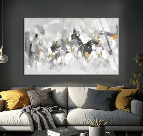 Gri - Gold Soyut Desenli Model X Çerçeveli Temperli Cam Tablo Tekli Yatay