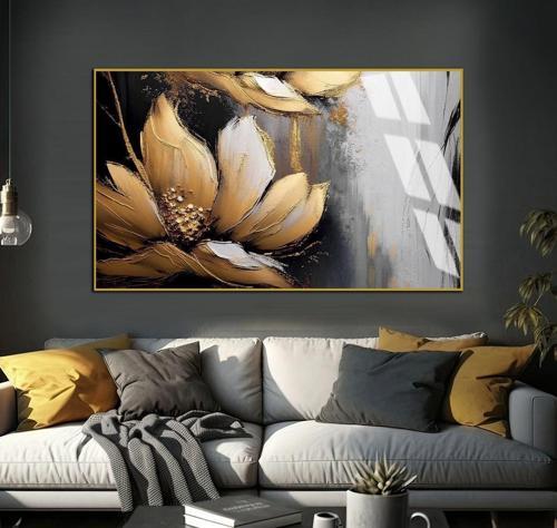 Gold - Siyah Soyut Çiçek Modeli 03 Çerçeveli Temperli Cam Tablo Tekli Yatay