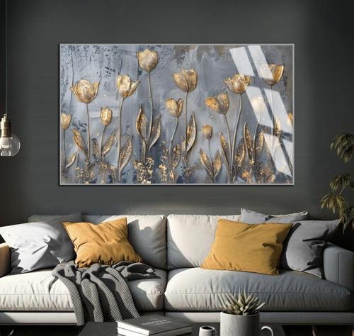 Gri - Gold Çiçekl Detaylar Soyut Modeli Çerçeveli Temperli Cam Tablo Tekli Yatay
