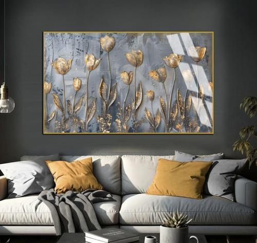 Gri - Gold Çiçekl Detaylar Soyut Modeli Çerçeveli Temperli Cam Tablo Tekli Yatay