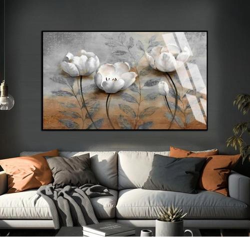 Gri - Kahve Renk Çiçekli Model 01 Çerçeveli Temperli Cam Tablo Tekli Yatay