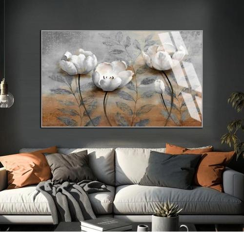 Gri - Kahve Renk Çiçekli Model 01 Çerçeveli Temperli Cam Tablo Tekli Yatay
