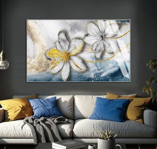 Gri - Lacivert - Gold Çiçek Desenli Model Çerçeveli Temperli Cam Tablo Tekli Yatay