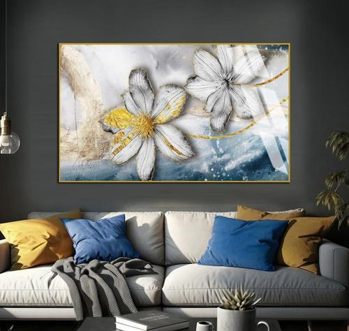 Gri - Lacivert - Gold Çiçek Desenli Model Çerçeveli Temperli Cam Tablo Tekli Yatay