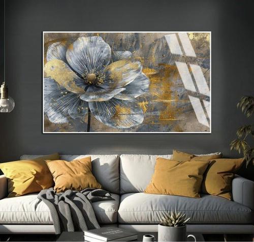 Gri - Gold Çiçekli Soyut Modeli 05 Çerçeveli Temperli Cam Tablo Tekli Yatay