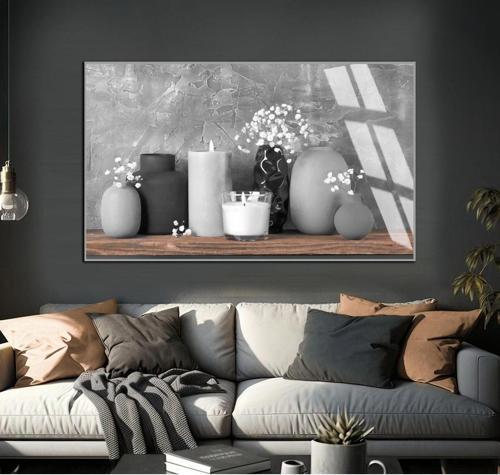 Gri - Kahve Renk Dekor Mumları Modeli Çerçeveli Temperli Cam Tablo Tekli Yatay