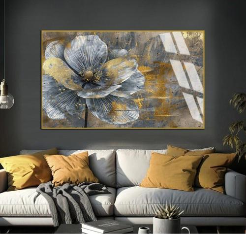 Gri - Gold Çiçekli Soyut Modeli 05 Çerçeveli Temperli Cam Tablo Tekli Yatay