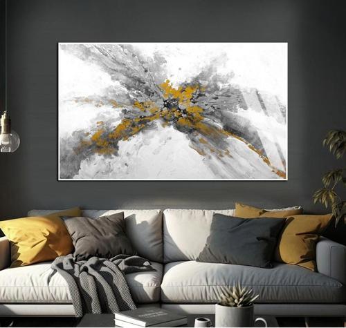 Gri - Sarı Soyut Şekilli Modeli Çerçeveli Temperli Cam Tablo Tekli Yatay