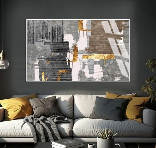 Gri - Gold Soyut Şekiller Modeli Çerçeveli Temperli Cam Tablo Tekli Yatay