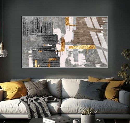 Gri - Gold Soyut Şekiller Modeli Çerçeveli Temperli Cam Tablo Tekli Yatay