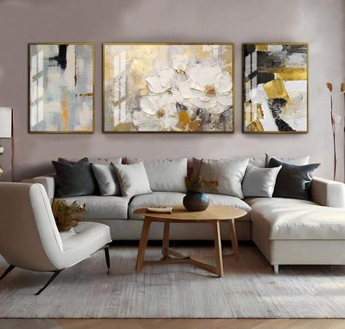 Gri - Gold Soyut Desenler Çiçek Kombini Çerçeveli Temperli Cam Tablo 3'Lü Yatay
