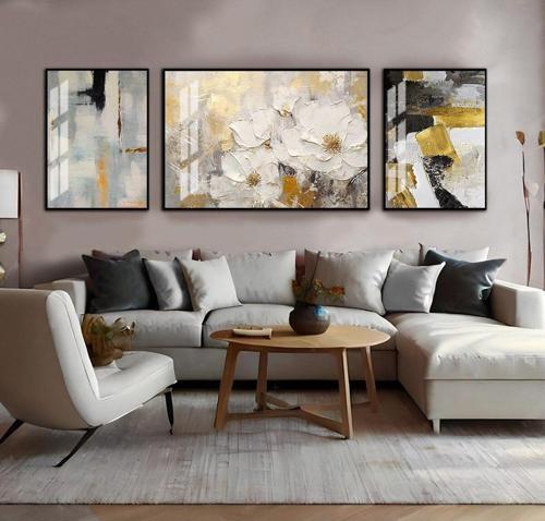Gri - Gold Soyut Desenler Çiçek Kombini Çerçeveli Temperli Cam Tablo 3'Lü Yatay