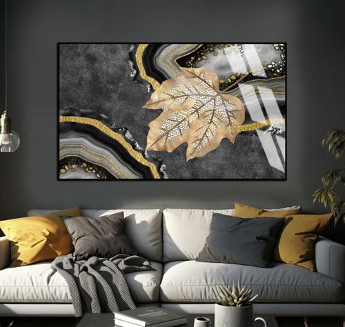 Gri - Gold Soyut Yaprak Desenli Model Çerçeveli Temperli Cam Tablo Tekli Yatay