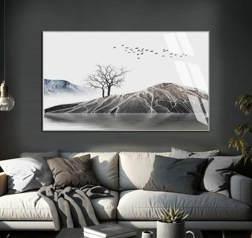 Gri Tonlu Ağaç Dağ Manzara Modeli Çerçeveli Temperli Cam Tablo Tekli Yatay