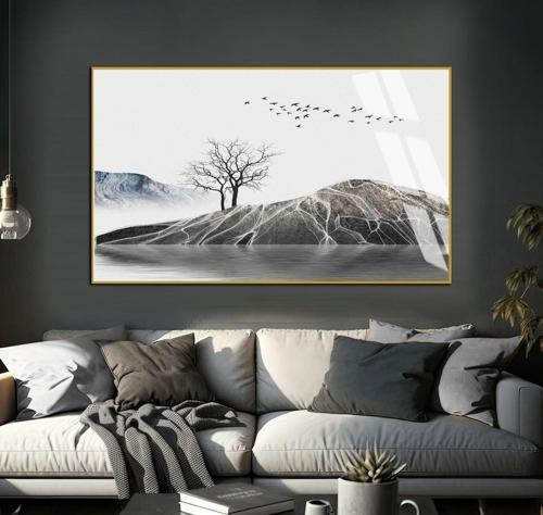 Gri Tonlu Ağaç Dağ Manzara Modeli Çerçeveli Temperli Cam Tablo Tekli Yatay