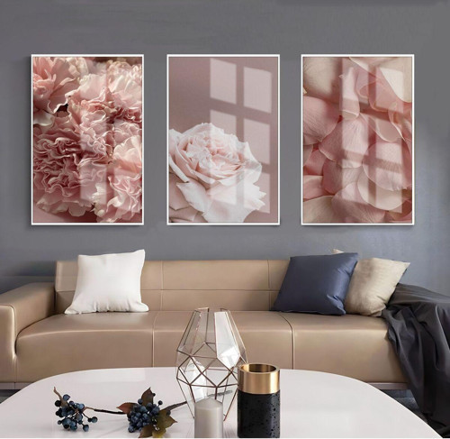 Gül Kurusu Çiçek Kombin 01 Çerçeveli Cam Tablo 3'Lü Dikey