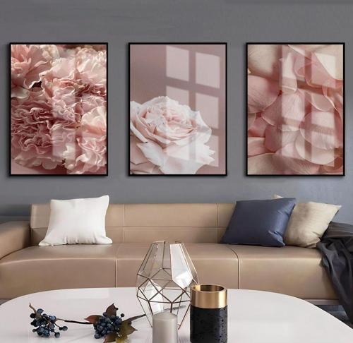 Gül Kurusu Çiçek Kombin 01 Çerçeveli Cam Tablo 3'Lü Dikey