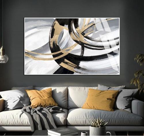 Gri - Siyah - Gold Soyut Şekilli Model 01 Çerçeveli Temperli Cam Tablo Tekli Yatay