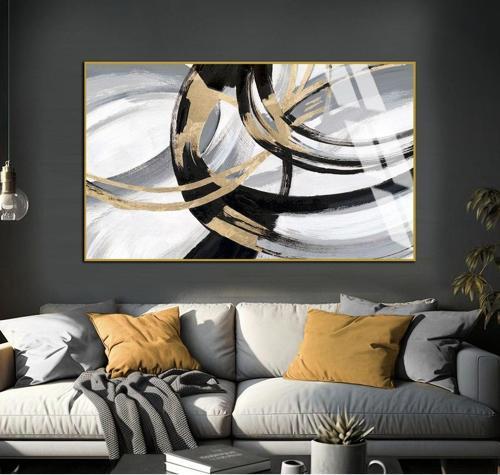 Gri - Siyah - Gold Soyut Şekilli Model 01 Çerçeveli Temperli Cam Tablo Tekli Yatay