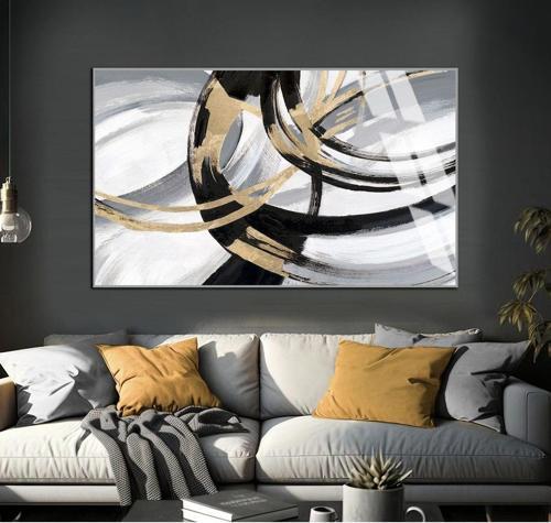 Gri - Siyah - Gold Soyut Şekilli Model 01 Çerçeveli Temperli Cam Tablo Tekli Yatay