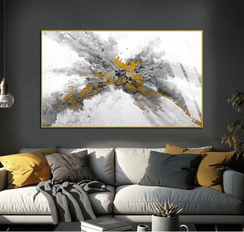 Gri - Sarı Soyut Şekilli Modeli Çerçeveli Temperli Cam Tablo Tekli Yatay