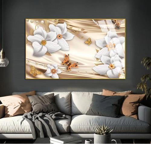 Krem - Gold Çiçekler Modeli Çerçeveli Temperli Cam Tablo Tekli Yatay