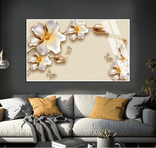 Krem - Gold Çiçekli Model 01 Çerçeveli Temperli Cam Tablo Tekli Yatay